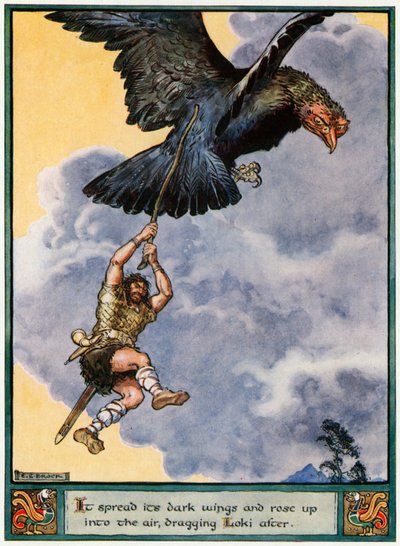 "Espalhou suas asas escuras e se ergueu no ar, arrastando Loki depois de", ilustração de "Os heróis de Asgard, contos da mitologia escandinava", de A und E Keary, 1930 de Charles Edmund Brock